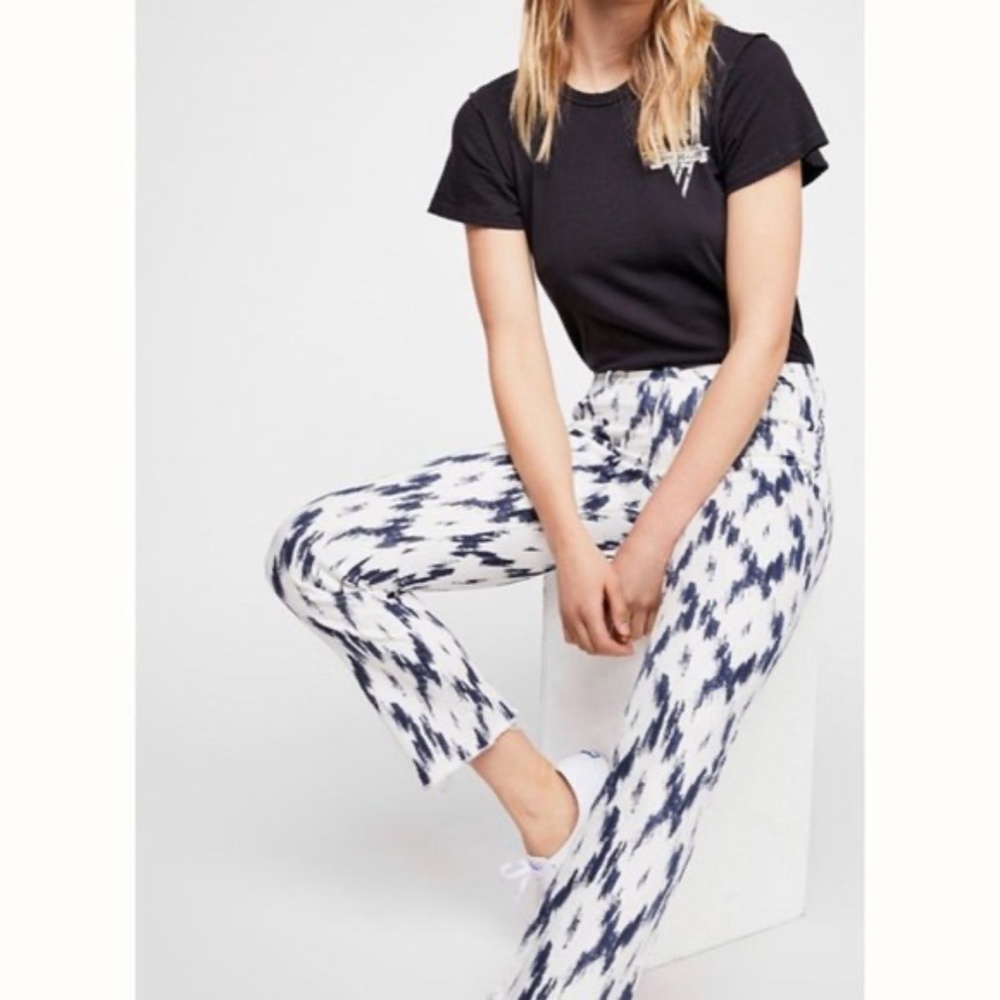 Free People | High Rise Navy Blue White Ikat Raw Hem Cropped Jeans